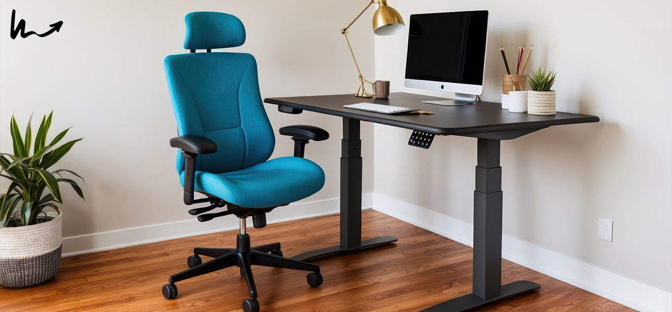 Ergonomic office chair and standing desk for back pain.